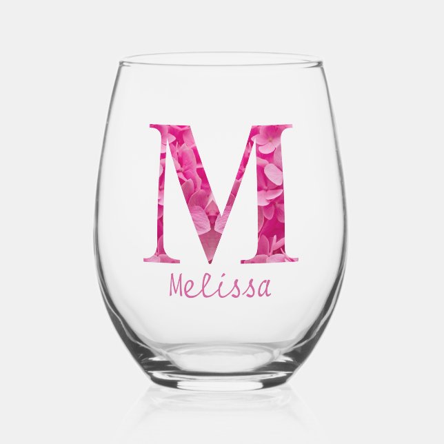 Personalisierter Name Elegant Rosa Floral Monogram Weinglas Ohne Stiel (Vorderseite)