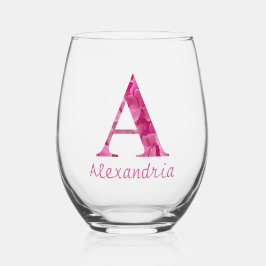 Personalisierter Name Elegant Rosa Floral Monogram Weinglas Ohne Stiel