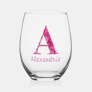 Personalisierter Name Elegant Rosa Floral Monogram Weinglas Ohne Stiel