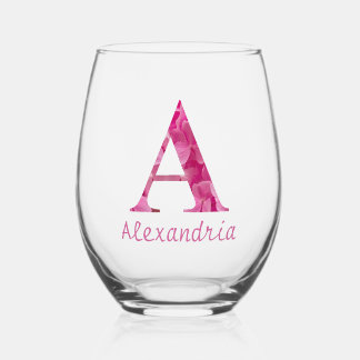Personalisierter Name Elegant Rosa Floral Monogram Weinglas Ohne Stiel