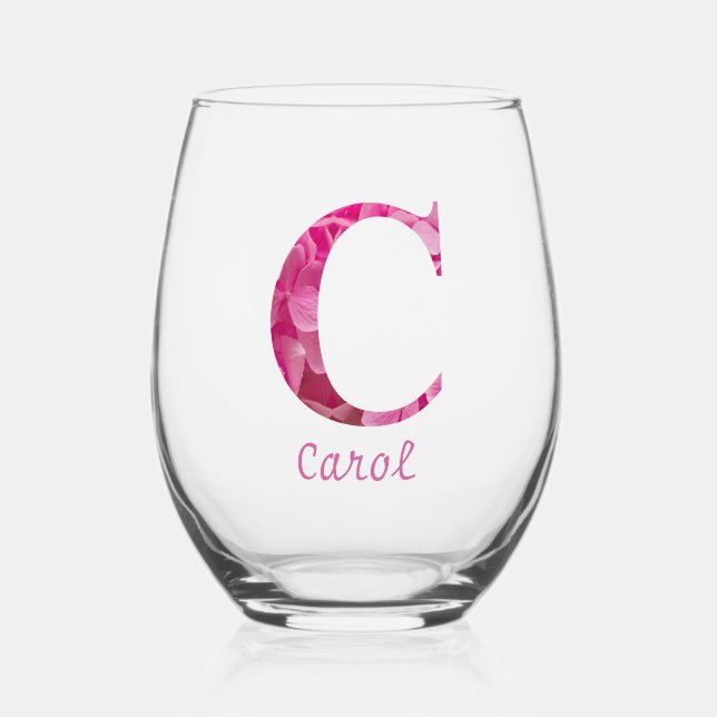 Personalisierter Name Elegant Rosa Floral Monogram Weinglas Ohne Stiel (Vorderseite)