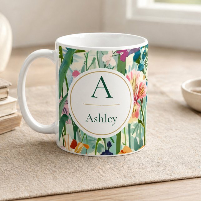 Personalisierter Name Elegante Blumenmuster Kaffeetasse (Von Creator hochgeladen)