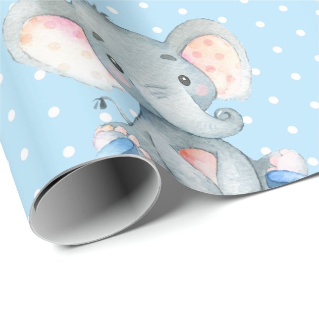 Personalisierter Name Elephant Baby Boy Blue und G Geschenkpapier (Rolleneckpunkt)