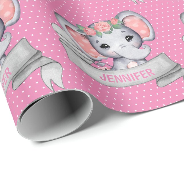Personalisierter Name Elephant Baby Girl Pink Geschenkpapier (Rolleneckpunkt)
