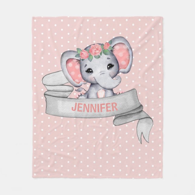 Personalisierter Name Elephant Baby Girl Pink & Gr Fleecedecke (Vorderseite)