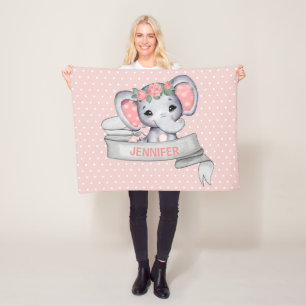 Personalisierter Name Elephant Baby Girl Pink & Gr Fleecedecke