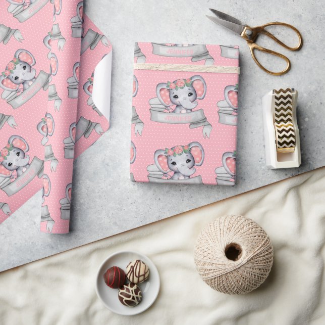 Personalisierter Name Elephant Baby Girl Pink & Gr Geschenkpapier (Kunsthandwerk)