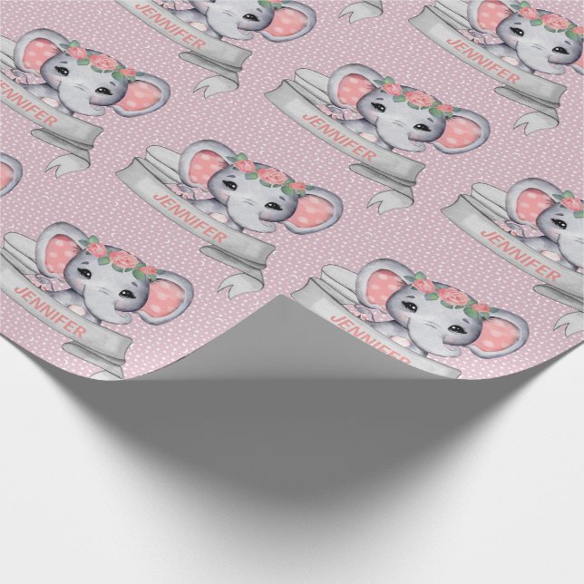Personalisierter Name Elephant Baby Girl Pink & Gr Geschenkpapier (Ecke)