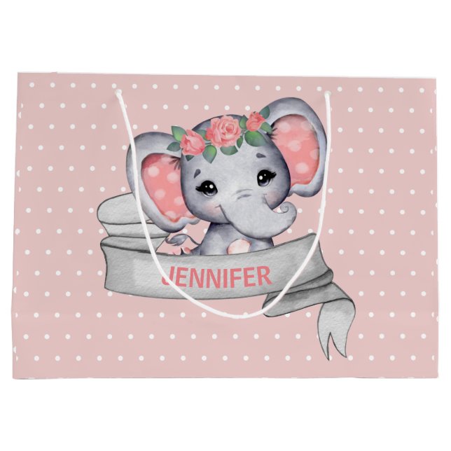 Personalisierter Name Elephant Baby Girl Pink & Gr Große Geschenktüte (Rückseite)