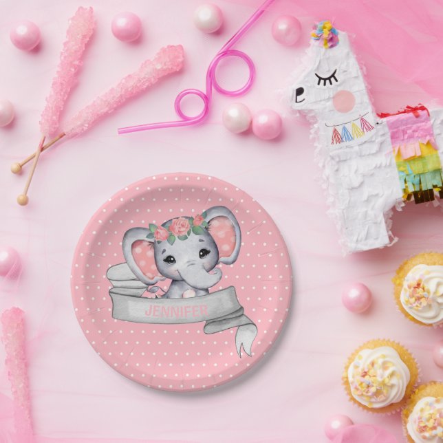 Personalisierter Name Elephant Baby Girl Pink & Gr Pappteller (Party)