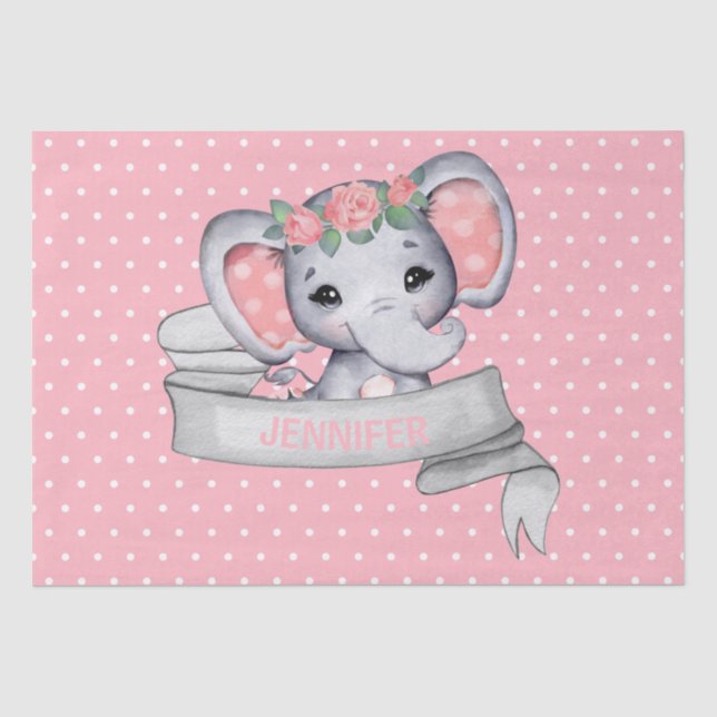 Personalisierter Name Elephant Baby Girl Pink & Gr Seidenpapier (Vorderseite)