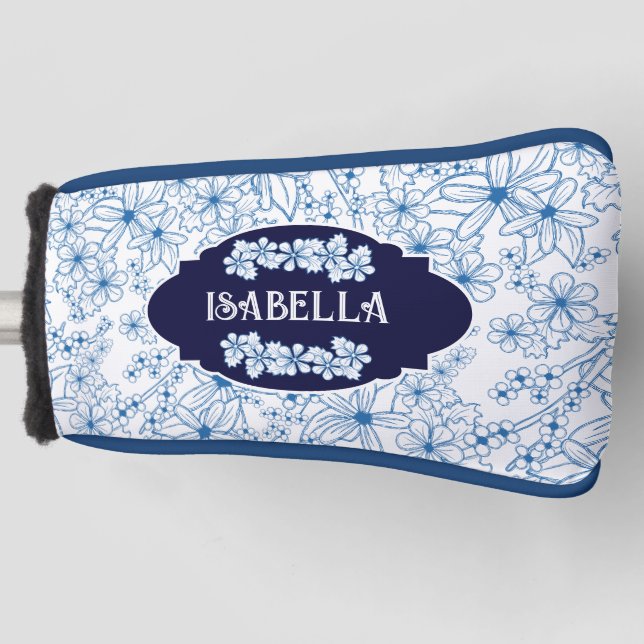 Personalisierter Name Feminine Blaues Blumenmuster Golf Headcover (Vorderseite)