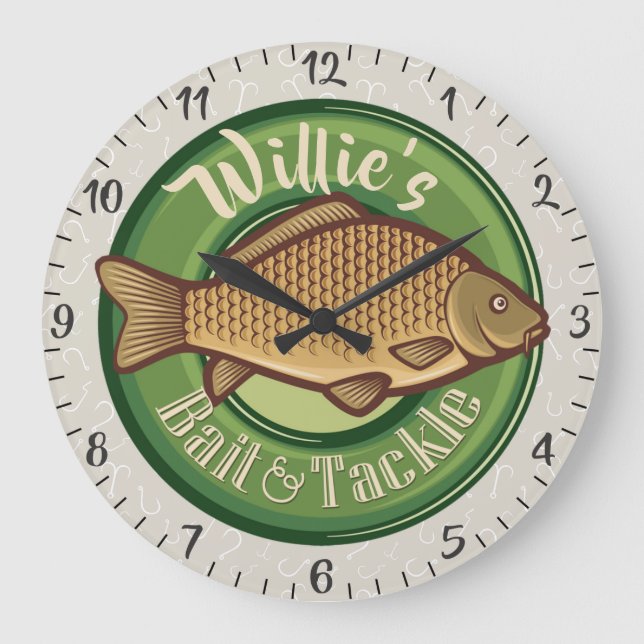 Personalisierter NAME Fisch Köder Angeln Angeln An Große Wanduhr (Vorderseite)