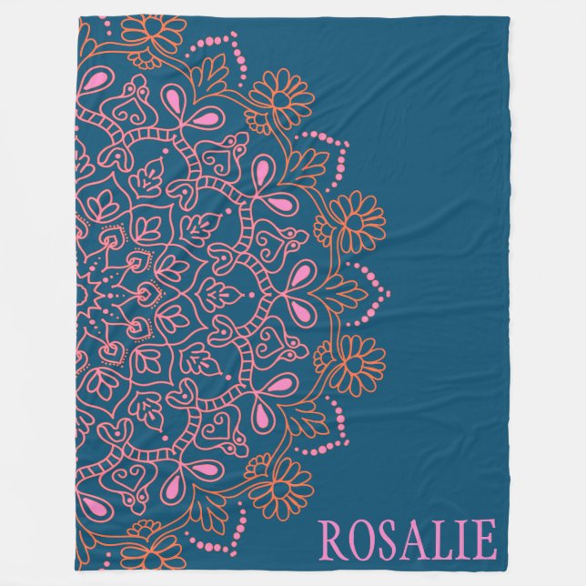 Personalisierter Name Floral Mandala Blue Pink Ein Fleecedecke (Vorderseite)