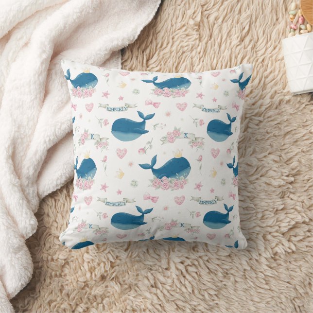 Personalisierter Name Floral Nautic Whale Kissen (Decke)