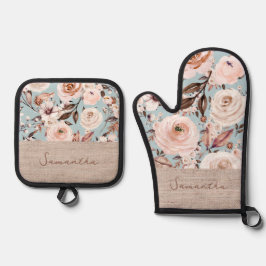Personalisierter Name Floral Ofenhandschuh & Topflappen-Set