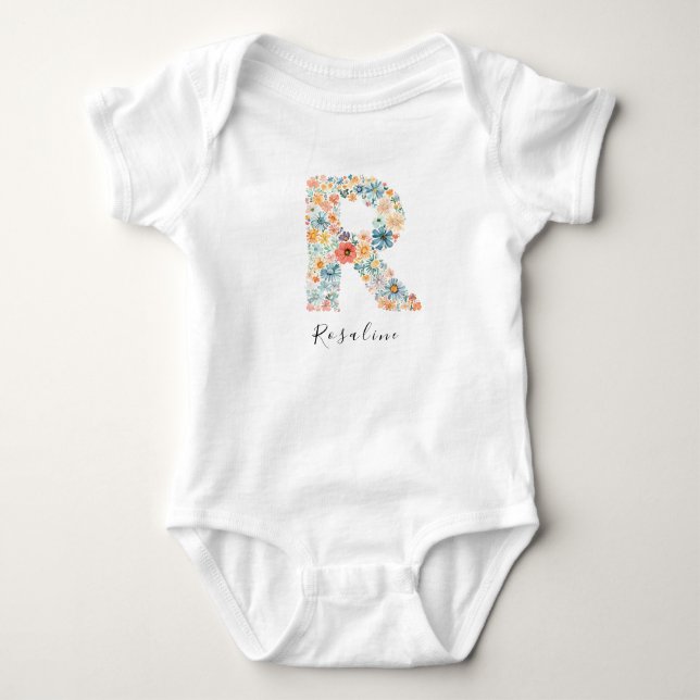 Personalisierter Name & florale Monogramm "R" Baby Strampler (Vorderseite)
