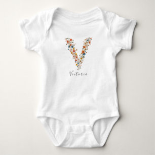 Personalisierter Name & florale Monogramm "V" Baby Strampler