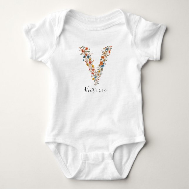 Personalisierter Name & florale Monogramm "V" Baby Strampler (Vorderseite)