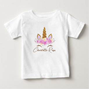 Personalisierter Name Florales Einhorn Mädchen  Baby T-shirt