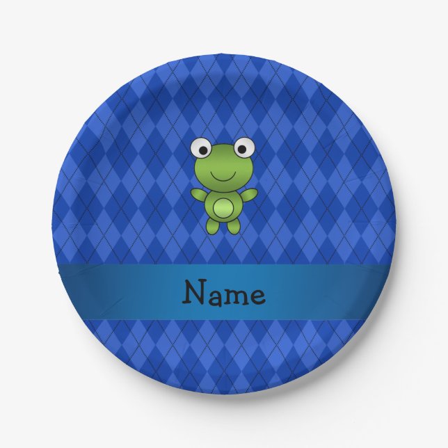Personalisierter Name Frosch blaue Raute Pappteller (Vorderseite)
