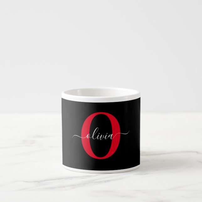 Personalisierter Name für Monogramm-Skript Schwarz Espressotasse (Vorderseite)