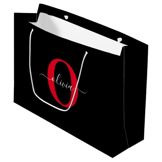 Personalisierter Name für Monogramm-Skript Schwarz Große Geschenktüte (Vorderseite Schrägansicht)
