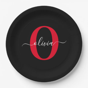 Personalisierter Name für Monogramm-Skript Schwarz Pappteller