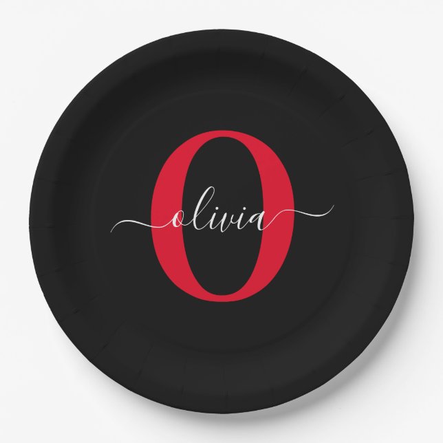 Personalisierter Name für Monogramm-Skript Schwarz Pappteller (Vorderseite)