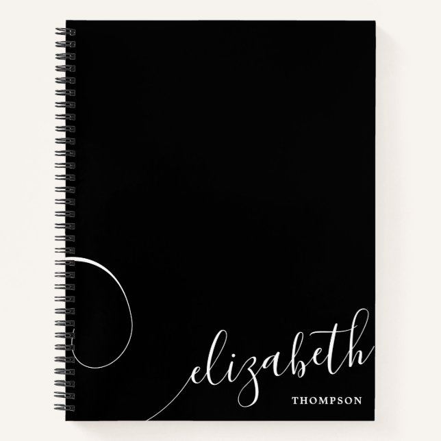 Personalisierter Name für schwarze, elegante Skrip Notizbuch (Vorderseite)