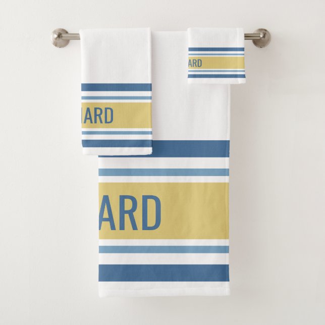 Personalisierter Name Gelb und Blau gestrichen Badhandtuch Set (Insitu)