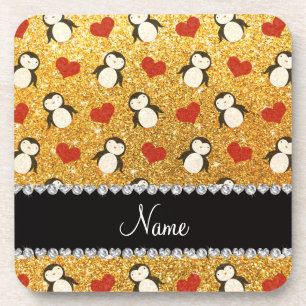 Personalisierter Name Gelbe Glitzer Pinguine Herz Untersetzer