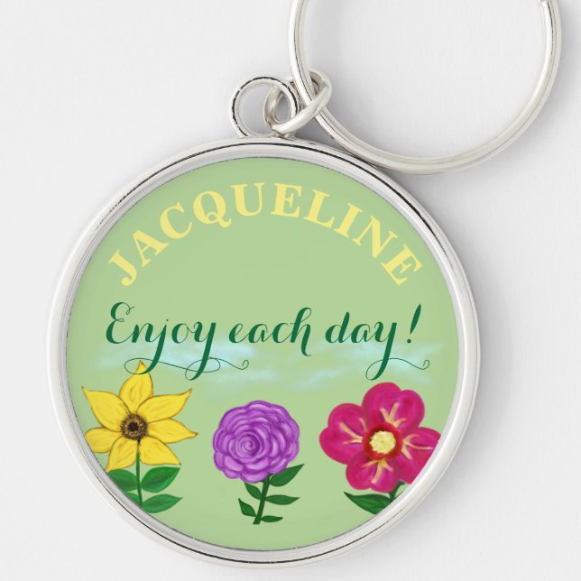 Personalisierter Name Gelbe Lila Fuchsien-Blume Schlüsselanhänger (Vorne)