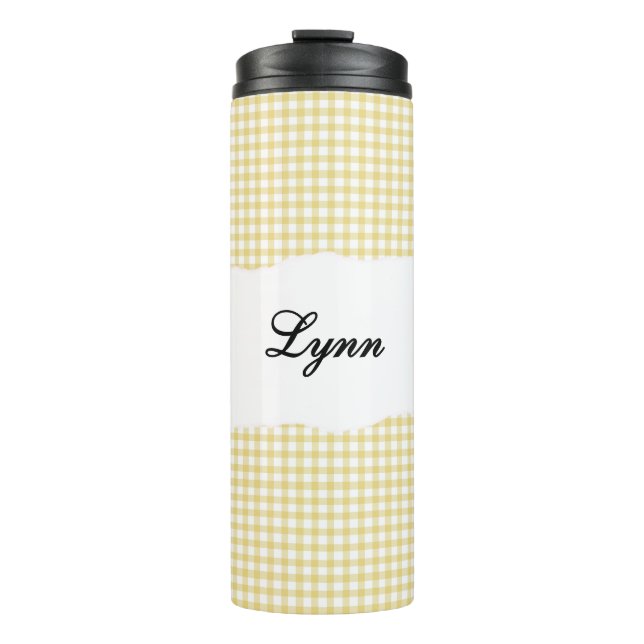 Personalisierter Name gelbes Gingham-Muster Thermosbecher (Vorderseite)