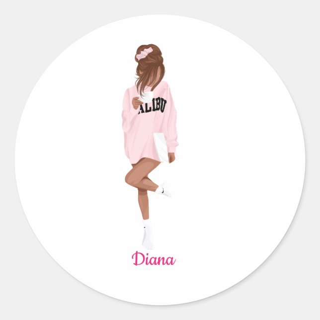 Personalisierter Name Girl in Pink College Runder Aufkleber (Vorderseite)