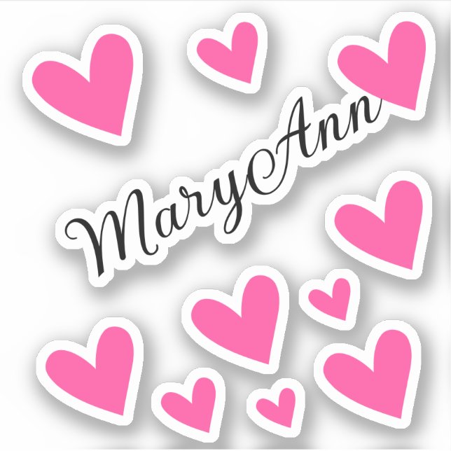 Personalisierter Name Girl Pink Calligraphy Hearts Aufkleber (Vorderseite)
