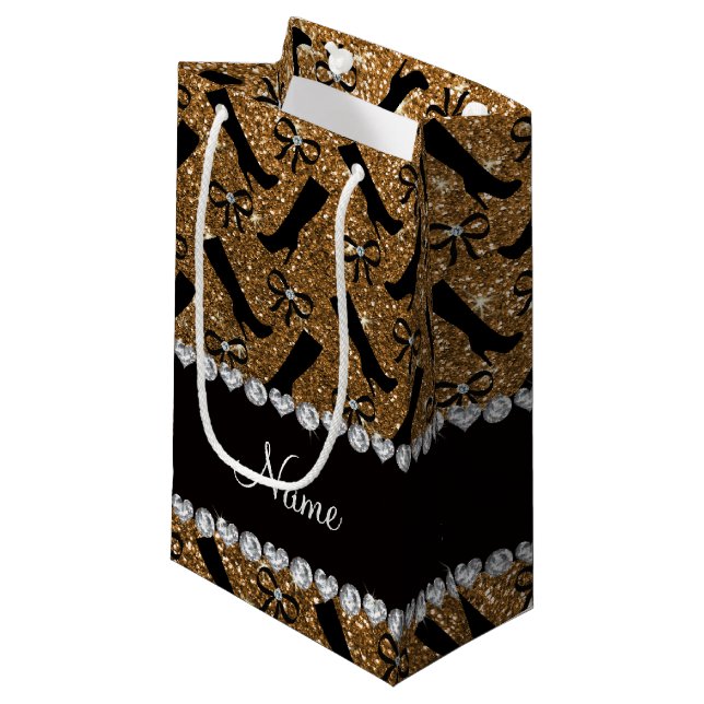 Personalisierter Name Gold Glitzer Stiefel Bows Kleine Geschenktüte (Vorderseite Schrägansicht)