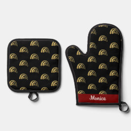Personalisierter Name Gold Regenbogen und Schwarz Ofenhandschuh & Topflappen-Set