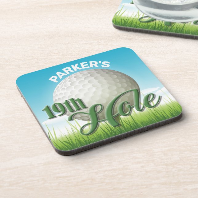 Personalisierter NAME Golfer Golf Pro Ball 19. Loc Getränkeuntersetzer (Linke Seite)