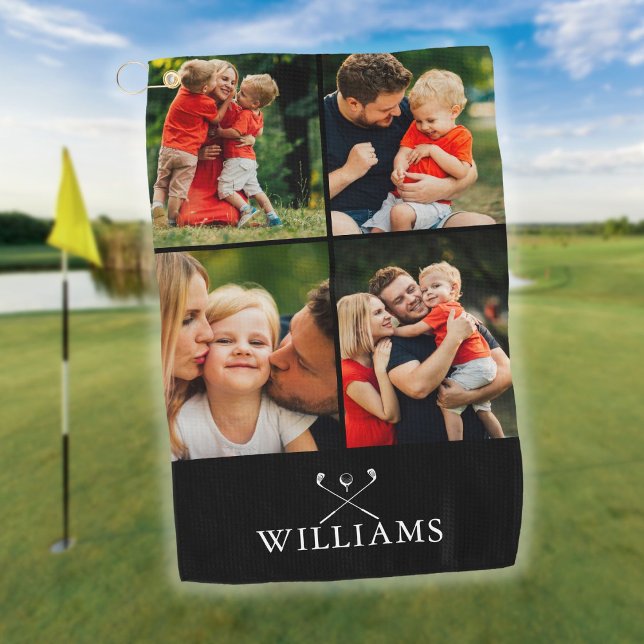 Personalisierter Name Golfklubs 4 Foto Collage Golfhandtuch (Personalized Name Golf Clubs 4 Photo Collage Golf Towel)