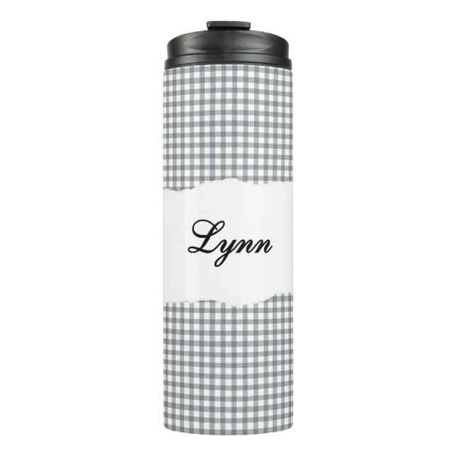 Personalisierter Name Grau Gingham-Muster Thermosbecher (Vorderseite)