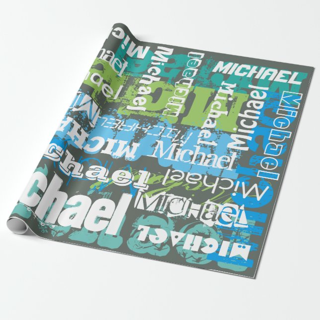 Personalisierter Name Graue blaue grüne U-Bahn Art Geschenkpapier (Ungerollt)