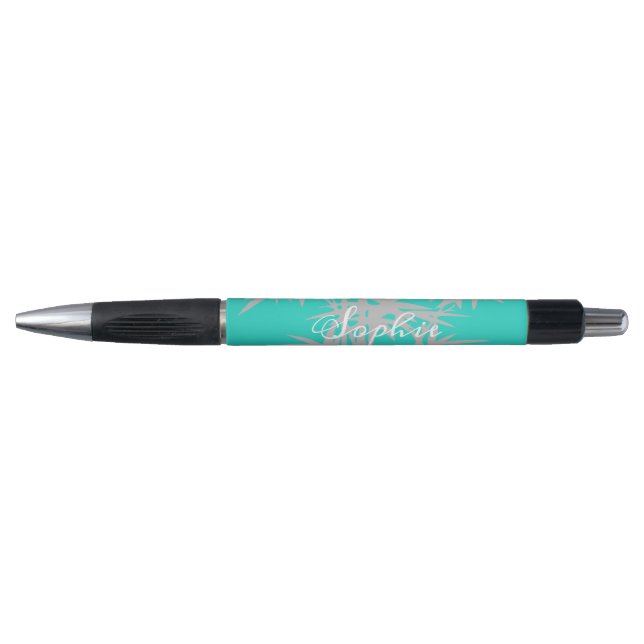 Personalisierter Name Grauer und aquamariner Bambu Kugelschreiber (Vorderseite)
