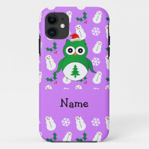 Personalisierter Name grüne Santa Uhus lila Schnee iPhone 11 Hülle