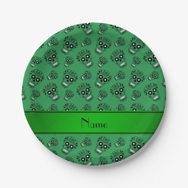 Personalisierter Name grüne Zuckerschädel Pappteller (Vorderseite)