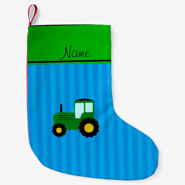 Personalisierter Name grüne Zugmaschine blaue Stre Kleiner Weihnachtsstrumpf (Vorderseite)