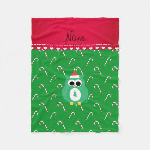 Personalisierter Name grüner Santa-Uhu-Zuckerrohr Fleecedecke