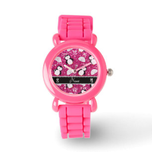 Personalisierter Name heißen rosa Glitzer Pinguine Armbanduhr