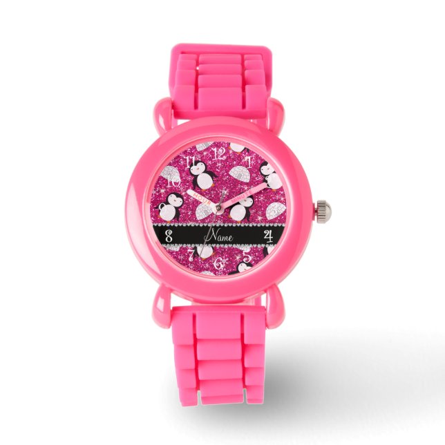 Personalisierter Name heißen rosa Glitzer Pinguine Armbanduhr (Vorderseite)