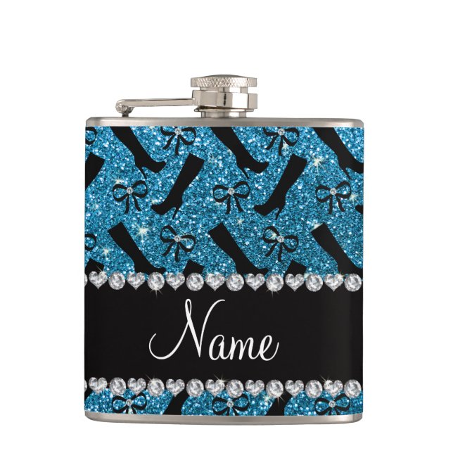 Personalisierter Name Himmel blauer Glitzer Stiefe Flachmann (Vorderseite)